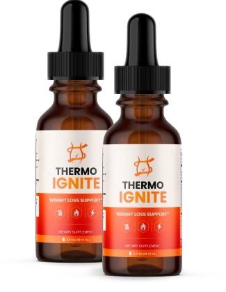 Two amber Thermo Ignite dropper bottles with orange and white labels