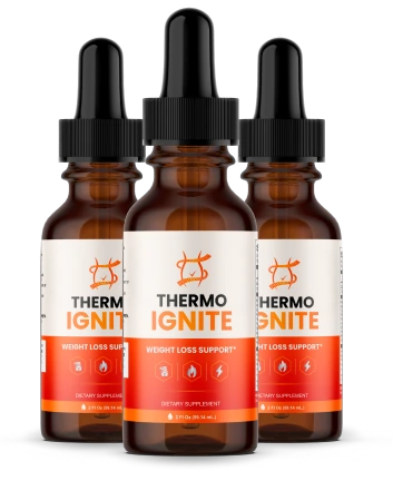 Three Thermo Ignite amber dropper bottles shown together