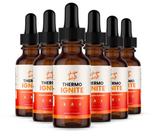 Six Thermo Ignite amber dropper bottles shown together